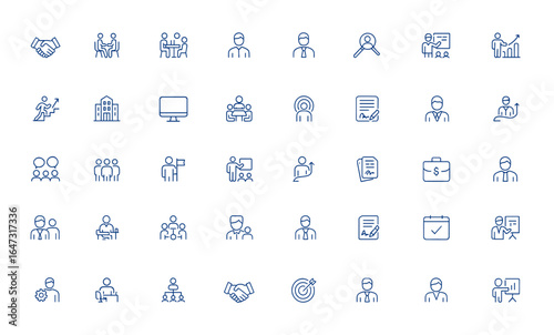 Business icon set: corporate handshake, teamwork, meeting, employee, employer, recruitment, training, network, career, office, personal computer, workshop, success, contract and more.