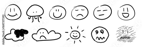 Foto set of black hand drawn smiley icons with sun and clouds isolated on white or tr