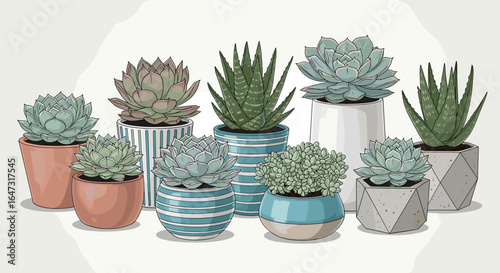 Collection of potted succulent plants in various decorative pots arranged together in an indoor setting