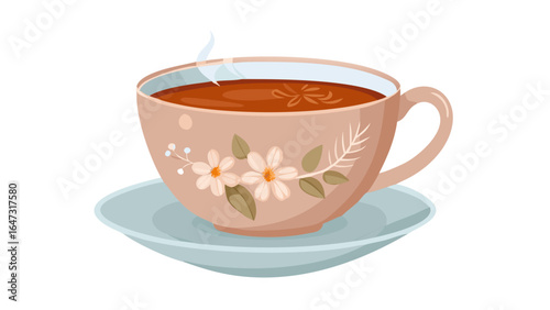 A floral teacup and saucer, steaming hot beverage.
