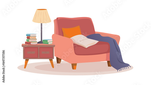 Cozy armchair with books, lamp, and blanket.
