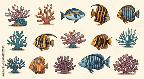 Cartoon illustration of various coral reefs and tropical fish on a cream colored background art image
