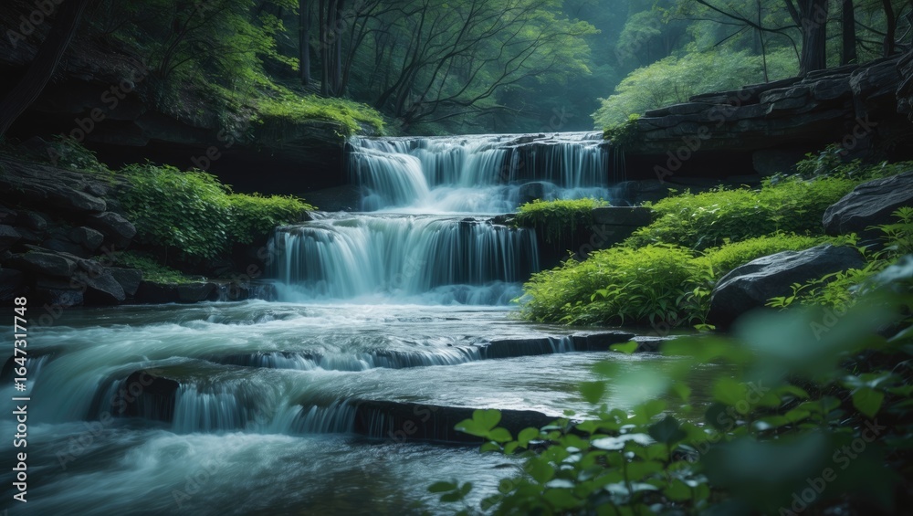 Fototapeta premium A serene forest stream with cascading waterfalls surrounded by lush greenery and rocks.