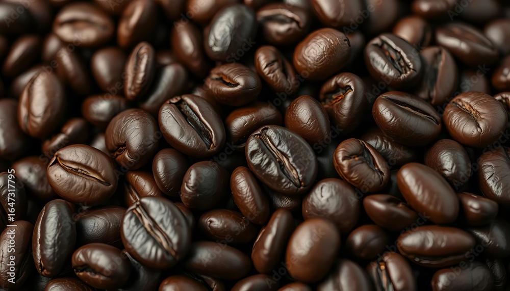Fototapeta premium Dark, oily roasted coffee beans, close-up detail, warmth, product