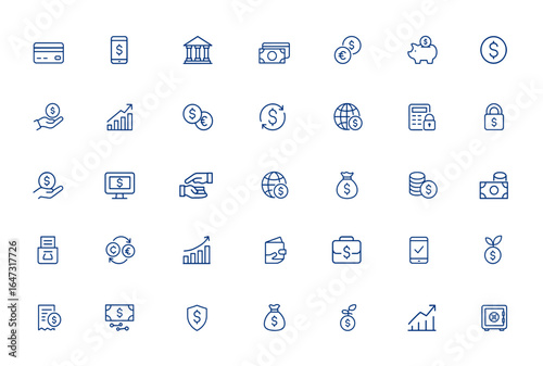 Editable money and payment icons set including credit card, mobile phone, bank, cash, wallet, finance, investment, trade, currency, savings, scanner, business, digital transaction and more.