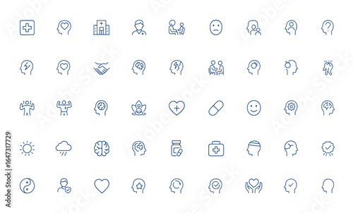 Editable mental health line icon collection with medical care, psychology, hospital, doctor, therapy, emotions, consultation, dementia, trauma, exercise, healing, and wellness vector illustration