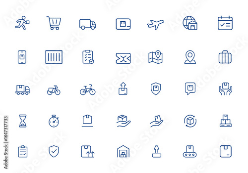 Delivery and shipping icon collection: courier service, logistic transport, shopping cart, baggage, truck, warehouse, overseas, smartphone, barcode, order, plane, map, calendar and more.