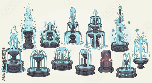 Collection of stylized fountains with varying designs and water features in a cartoon style art