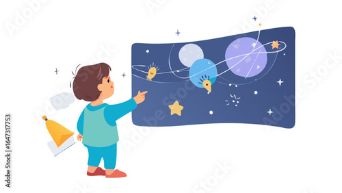 Child marvels at a cosmic display of planets and stars.
