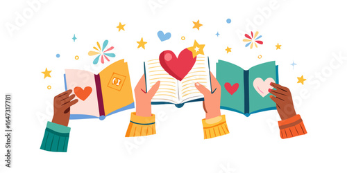 Hands holding open books, filled with hearts. Shared knowledge, unity.