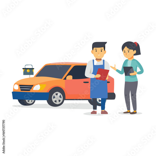 Customer discusses car service with mechanic.
