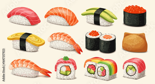 Illustration of assorted sushi types including nigiri maki and inari sushi on a light background