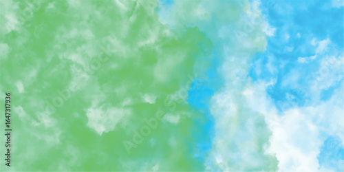 Watercolor style abstract artwork displaying an ethereal blend of vibrant green hues transitioning into a serene blue color palette resembling a dreamy sky.