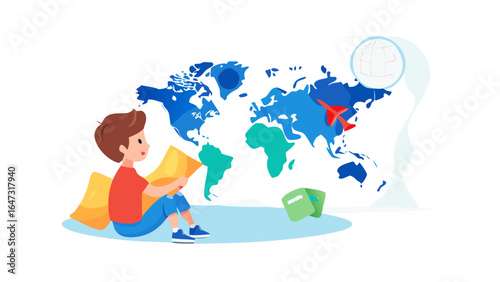 Child sits, studying world map, dreaming of travel.
