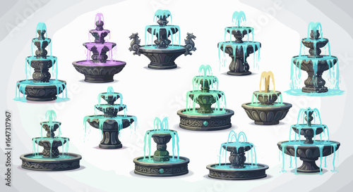 A collection of stylized fountains with multiple tiers and flowing water in varying designs and colors