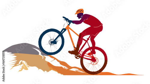 Mountain biker climbs steep incline. Powerful, challenging ride.
