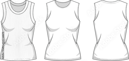 Women’s sleeveless tank top front and back view with round neckline, ribbed and plain design, fitted silhouette, CAD technical flat vector fashion illustration