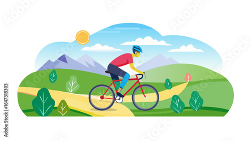 Cyclist rides a path through a scenic landscape.
