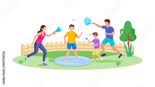 Family plays with water balloons in a puddle.
