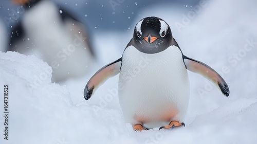 Curious penguin walking across snow-covered ground, looking directly at the camera with a playful expression