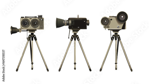 Three vintage movie cameras on tripods.
