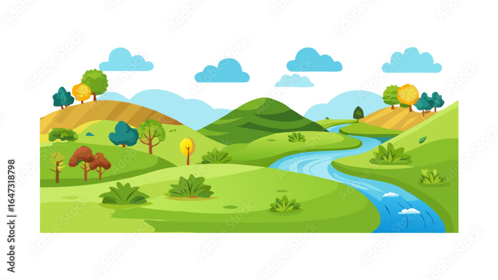 Obraz premium Rolling hills, lush green fields, a winding river. Peaceful countryside scene. 