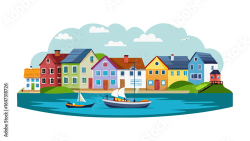 Colorful waterfront town, boats on the river, houses in pastel hues.
