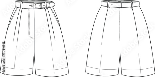 High waist pleated culotte shorts with wide leg, cuffed hem, stylish belt and buckle, front and back view, CAD technical flat vector fashion illustration
