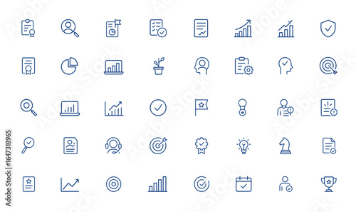Quality assessment and audit line icons with editable stroke. Vector illustration featuring analysis, planning, evaluation, process, results, goals, business metrics, performance, strategy and more.