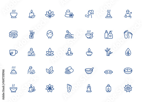Relaxation, spa, sauna, and healing icon editable vector. Aromatherapy, massage, hot spring, health care, cosmetic, reflexology, wellness, resort, candle, herbal tea, lotus, wellness symbols and more.