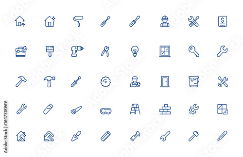 Editable renovation icon collection featuring home makeover, house restoration, building tools, carpenter equipment, construction instruments, property repair, budget planning and more.