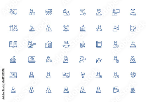 Editable line icons of education and school teacher with lecture, student, classroom, learning, teaching, workshop, study, reading, exam, graduation, e-learning, campus and more.