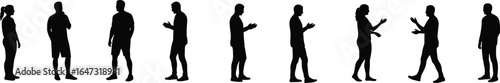 Silhouettes of people talking, arguing, thinking, walking, standing, communication gesture pose, casual clothing, male and female vector illustration