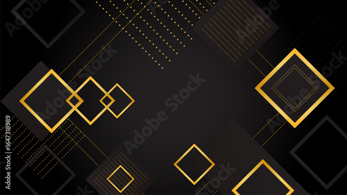Vector abstract background with intersecting golden squares on black. Stylish luxury design with a modern geometric feel, perfect for premium branding, presentations or elegant invitations.