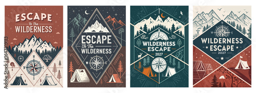 Stylish wilderness-themed posters featuring mountains, forests, and camping elements, perfect for outdoor enthusiasts.