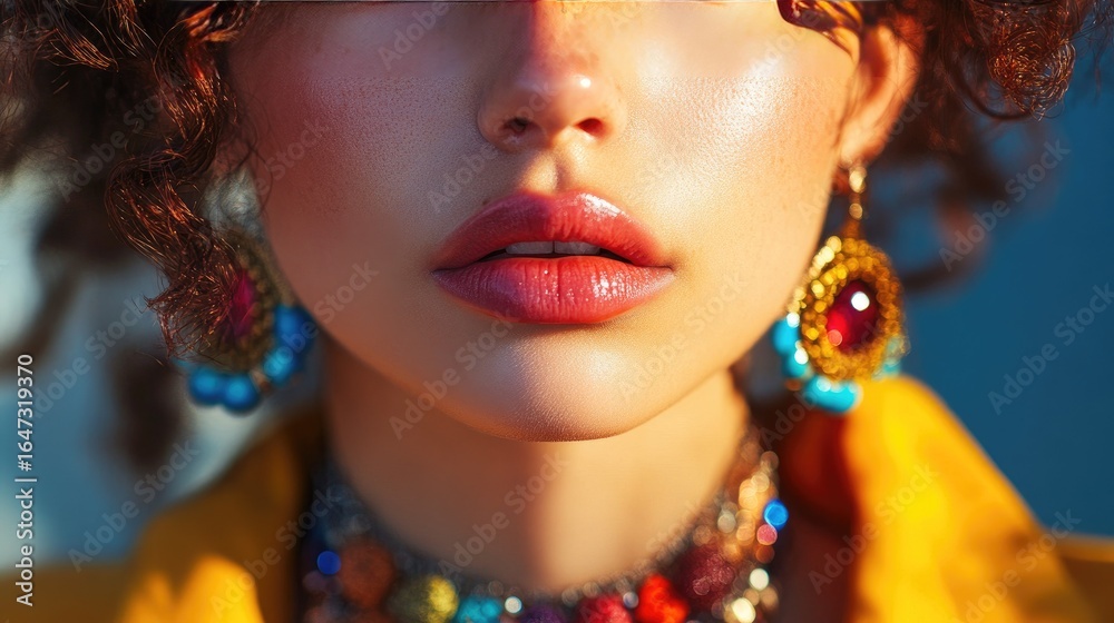 Obraz premium Fashion close-up of a woman with a bold statement necklace, capturing the textures, colors, and stylish aesthetic