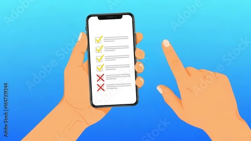 Person holding a smartphone with a checklist on the screen, showing completed and incomplete tasks with checkmarks and crosses