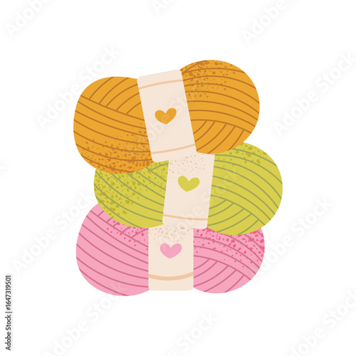 Yarn skeins with paper labels and hearts. Handmade craft materials. Vector illustration isolated on white background.