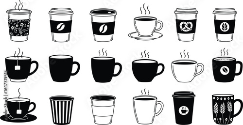 Vector coffee cup icons set, hot beverage mugs, takeaway coffee cups, tea cups, steaming drinks, black and white illustration
