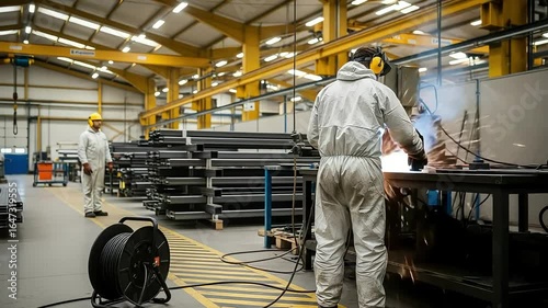 Two factory workers in protective gear operating machinery and creating sparks in a busy industrial manufacturing facility