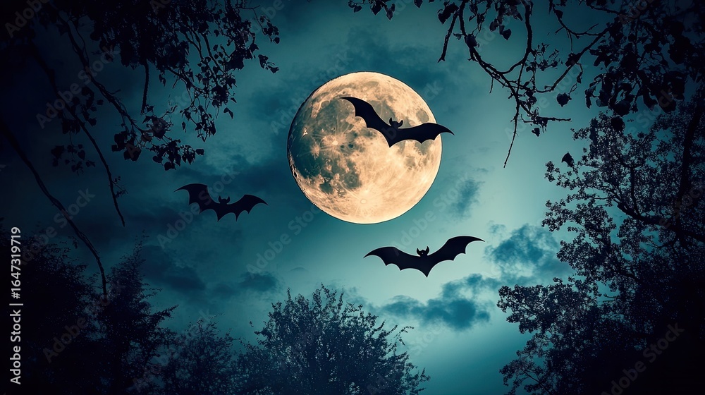Naklejka premium Full moon shining brightly in a dark Halloween night sky, silhouettes of bats flying across, casting a spooky and magical atmosphere