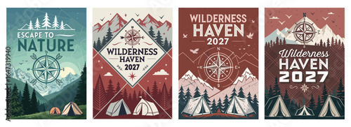 Four retro-style posters featuring camping themes and nature elements, perfect for outdoor enthusiasts.