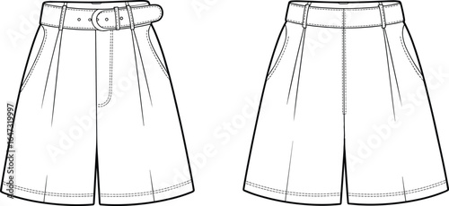 High waist wide leg shorts with front pleats, belt and buckle, side pockets, hem stitching details, back darts, CAD technical flat vector fashion illustration