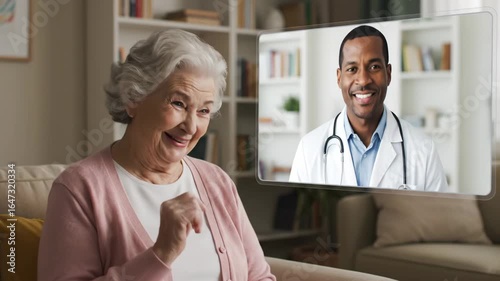 Wallpaper Mural Senior Woman Video Calling Doctor - A happy senior woman participates in a telehealth video consultation with her doctor. Torontodigital.ca