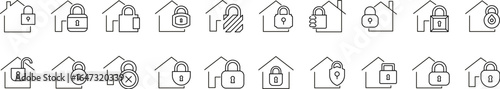 Property Thin Line Icon Set. House with Key Outline Signs for Graphic and Web Design, Apps, Adverts, Various Cards