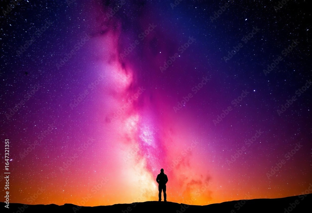 Fototapeta premium Silhouetted figure in vast, star-filled cosmos, solitary, dark matter
