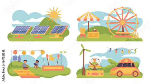 Cartoon Illustration of Solar Panels, Ferris Wheel, Children, Rides, and Car at an Outdoor Fair