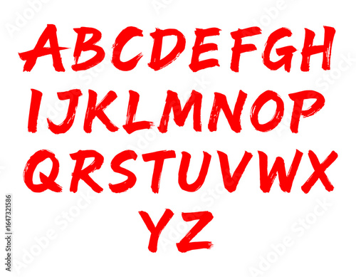 English alphabet done in bold red brush strokes in artistic calligraphy style for creative typography and design. Handwritten vector font with dry brush texture.