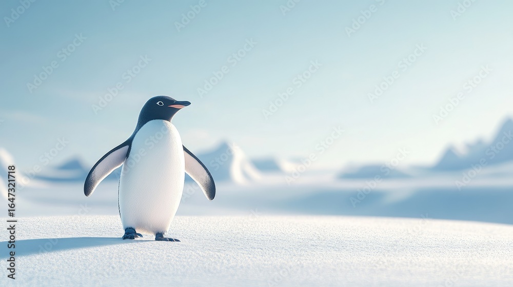 Fototapeta premium Penguin trekking across a snowy plain, the texture of the snow detailed under bright daylight