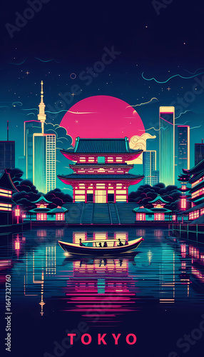 Tokyo city with neon light effect poster design